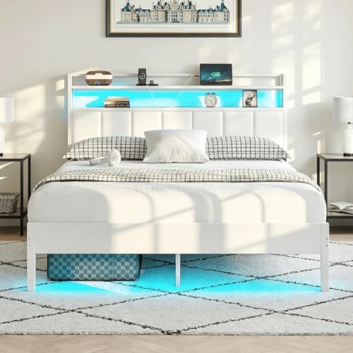 Full Size Bed Frame with Upholstered Headboard and 2-Tier Storage Shelves